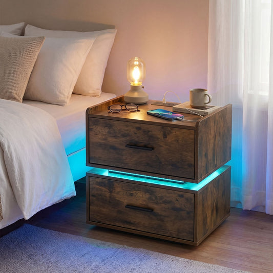 A rustic brown nightstand with charging station and two storage drawers next to a bed