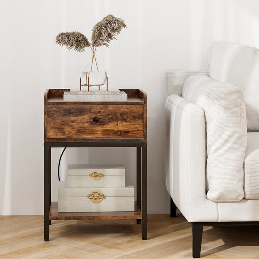Rustic brown nightstand with a drawer and open shelf next to a sofa