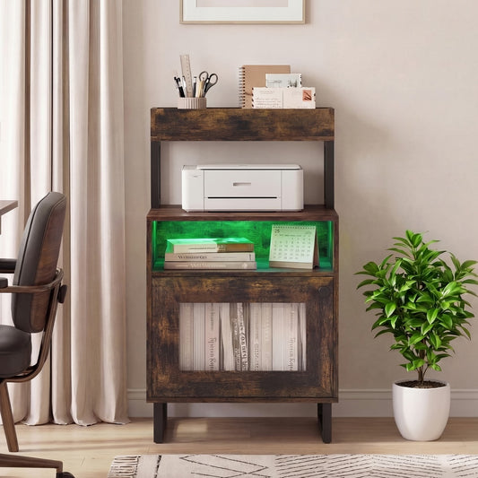 The nightstand with LED lights on, showing the top shelf and cabinet