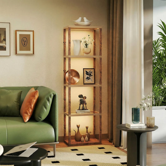 HOMCOM Four-Shelf Floor Lamp in Rustic Brown