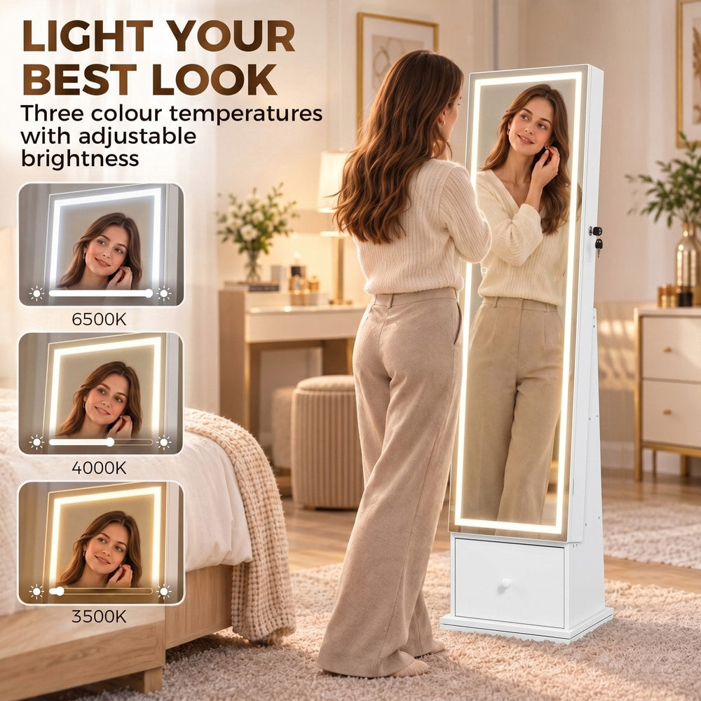 HOMCOM Swivel Jewelry Cabinet with LED Lights, Lockable Standing Full Length Mirror with Storage, 3-Colour Dimmable, White