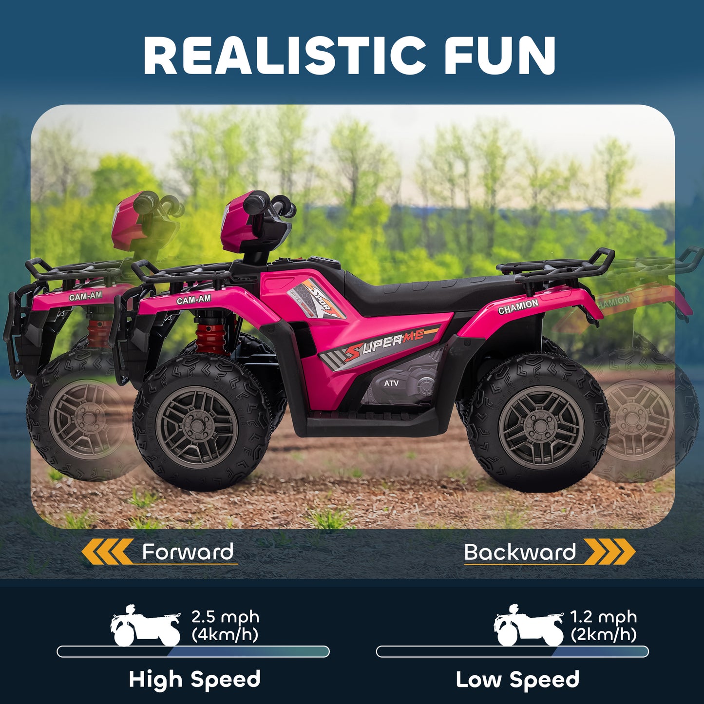 HOMCOM 12V Kids Quad Bike with Forward, Reverse Functions, Ride-On ATV w/ Music, LED, Headlights, for Ages 3-5 Years - Pink