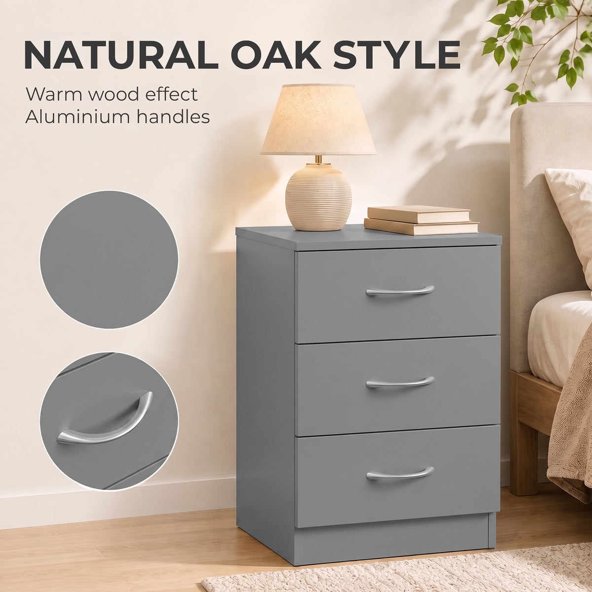 HOMCOM Three-Drawer Simple Bedside Table in Grey