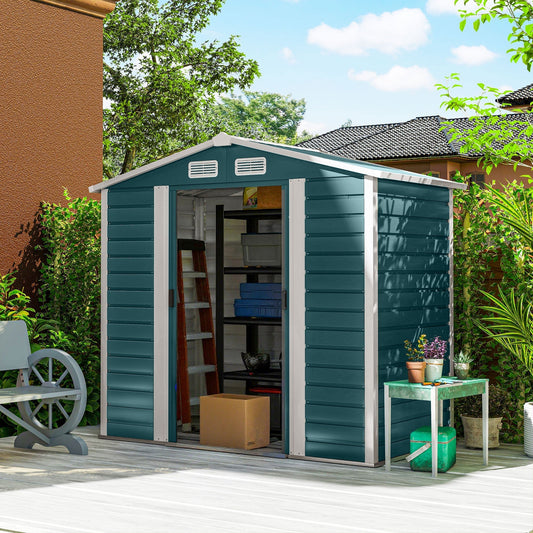 مظلة حديقة Outsunny مقاس 7 × 4 قدم، سهلة التجميع، إطار فولاذي مجلفن مطور مع مجموعة أساسات، أبواب مزدوجة بقفل، مظلة معدنية خارجية بفتحات تهوية وقفازات، مظلة تخزين للحديقة، أخضر