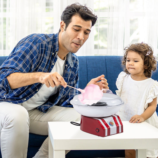 HOMCOM آلة غزل البنات للأطفال والكبار، 550 واط، صانعة قطن بنمط كلاسيكي للسكر أو الحلوى، تتضمن 10 أعواد غزل البنات، قاعدة غير قابلة للانزلاق، أحمر وأبيض.