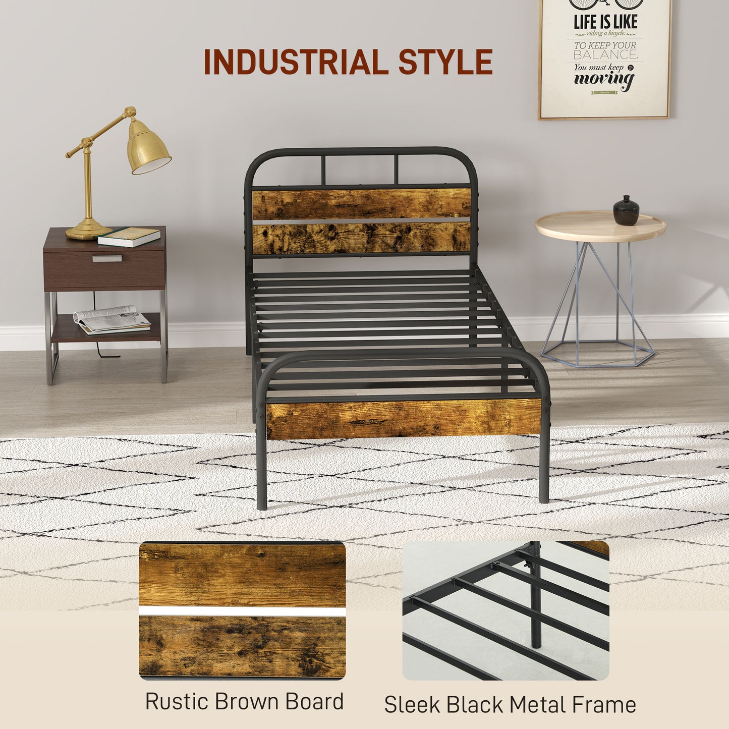 HOMCOM Industrial-Style Single Bed Frame - Black/Brown