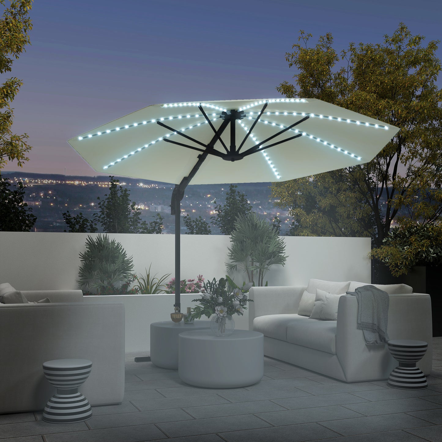 Outsunny 3(m) Cantilever Garden Parasol with Solar Powered Lights, Crank Handle & Cross Base, UPF 50+, 360° Rotation, Cream