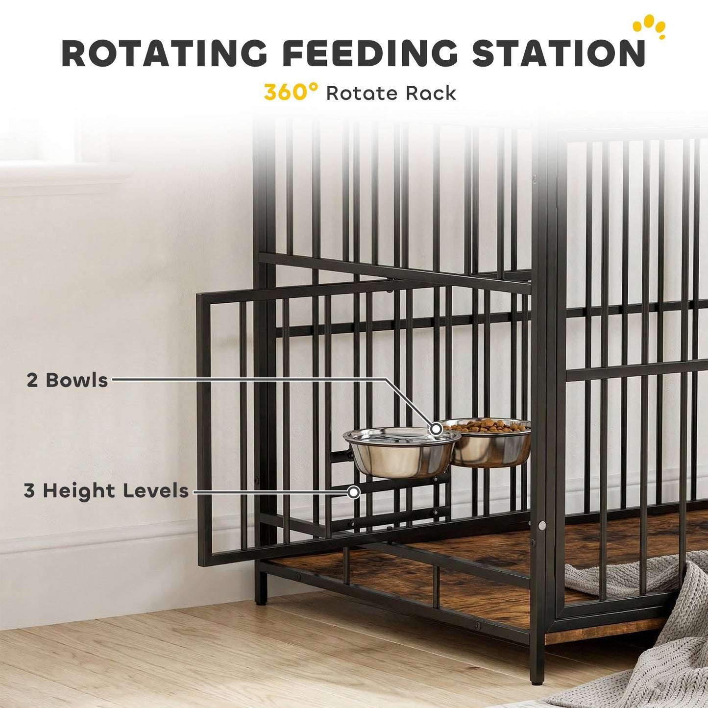PawHut Dog Crate Furniture, Dog Cage with Rotatable Feeding Station and Storage Shelves, End Side Table Indoor Pet Kenne