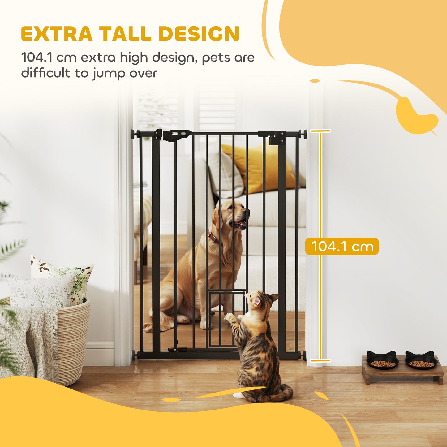 PawHut Extra Tall Pet Gate, Indoor Dog Safety Gate, with Cat Flap, Auto Close, 74-80cm Wide - Black
