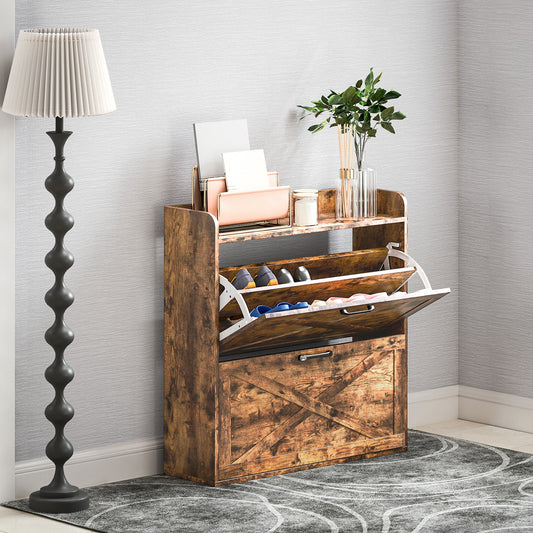 HOMCOM Two Flip Drawer Narrow Shoe Cabinet in Rustic Brown
