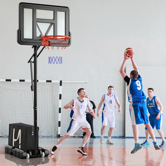 The sport equipment standing on the side of an indoor basketball court during a match