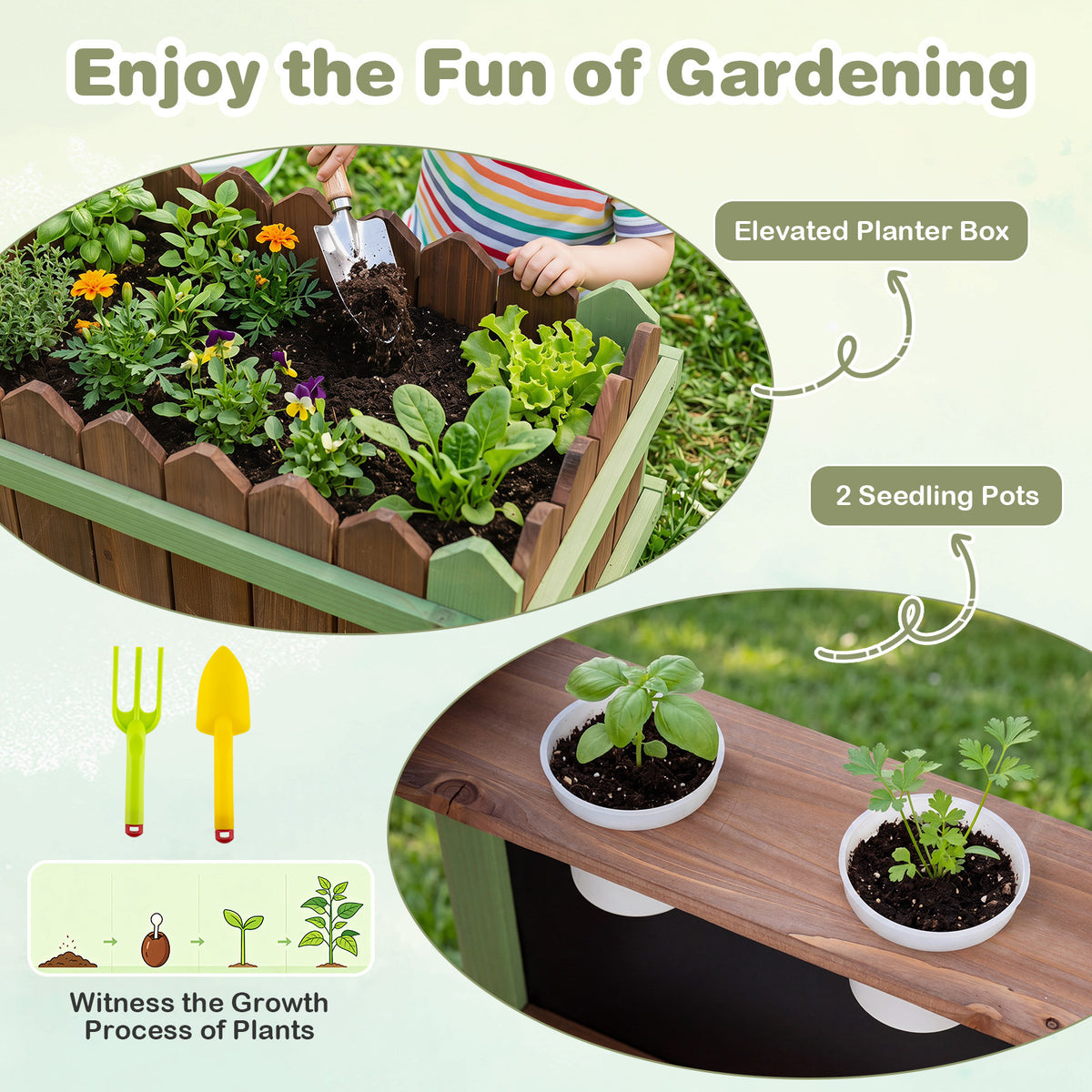 Enjoy the fun of gardening with the elevated planter box and seedling pots
