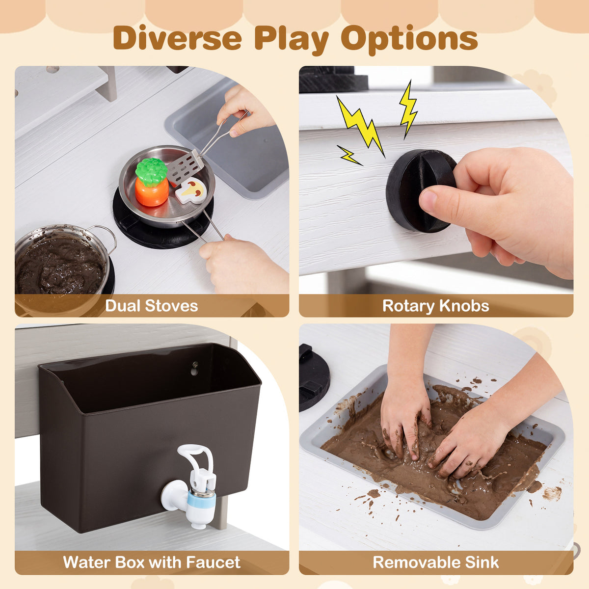 The play kitchen set showing close-ups of the stove, knobs, water tap and sink basin