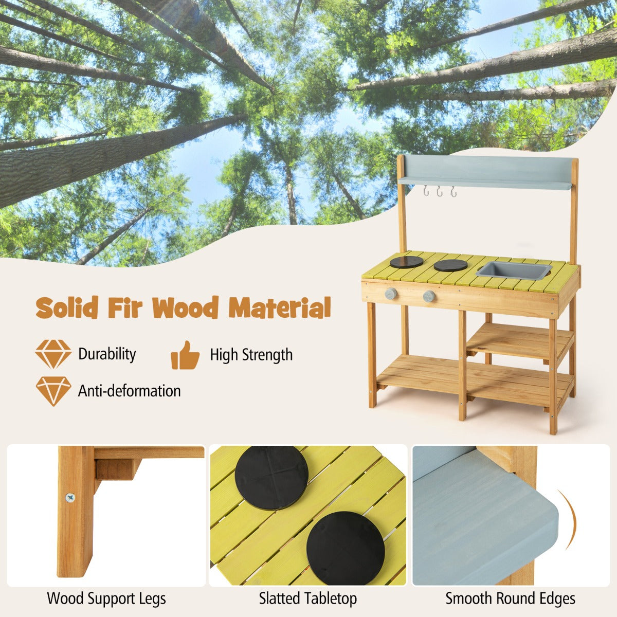 Close up of the outdoor mud kitchen set showing wood material and smooth edges