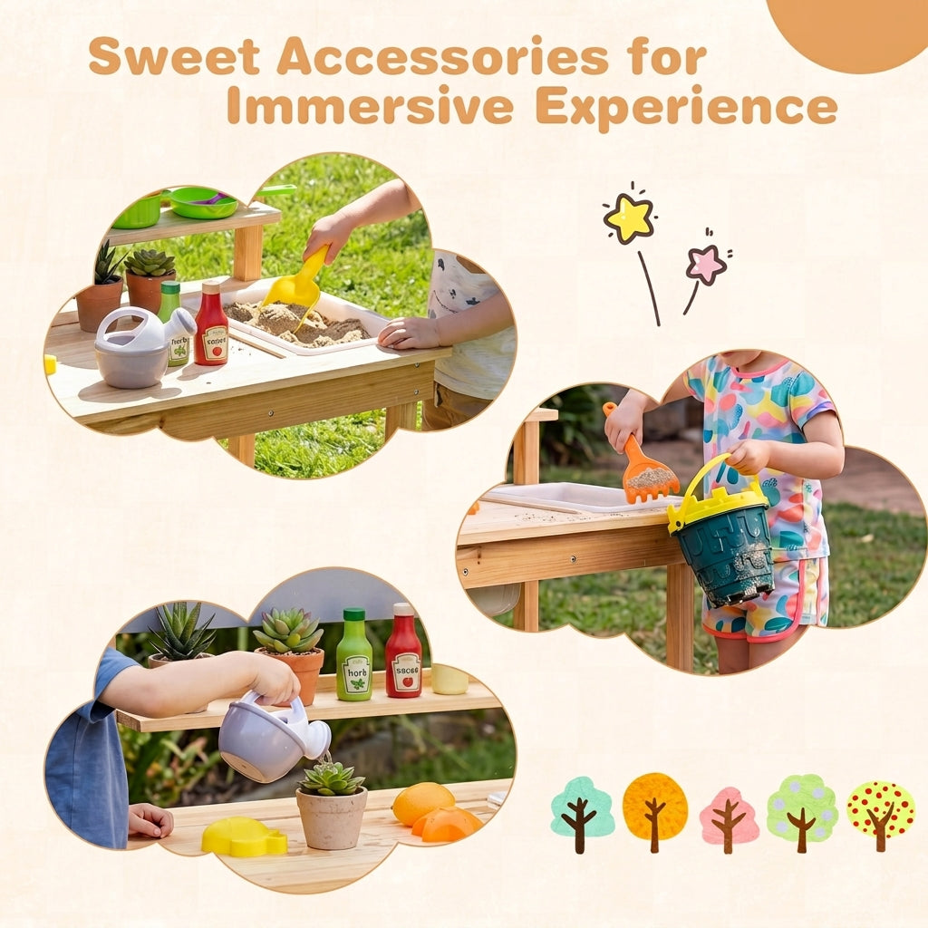 Children playing with accessories for the outdoor mud kitchen set