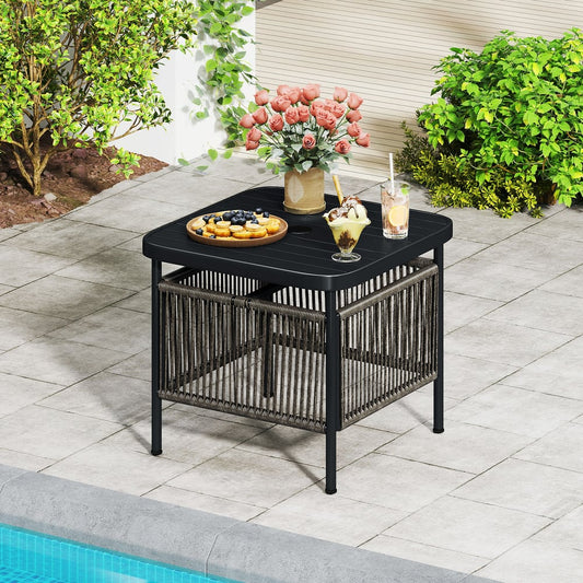 The outdoor patio table is set up next to a swimming pool with drinks and snacks on top