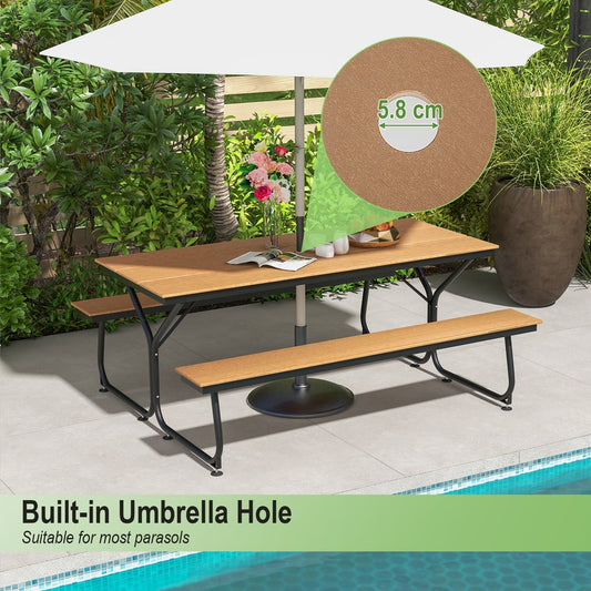 The outdoor picnic table bench set has a built-in umbrella hole suitable for most parasols