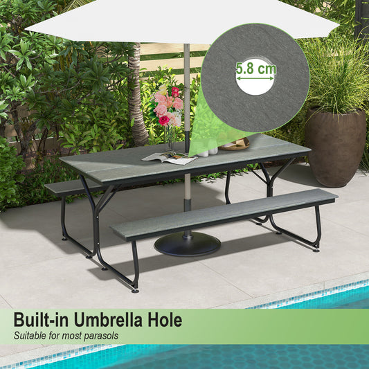 The patio table featuring a central hole for a parasol with a close-up of the opening
