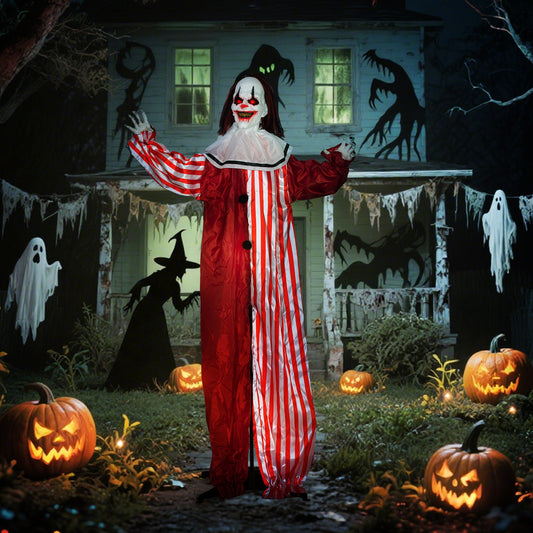 Scary clown decoration in a garden at night with pumpkins and ghosts