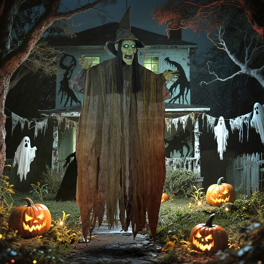 The hanging witch decoration is displayed outdoors at night with pumpkins and a spooky house