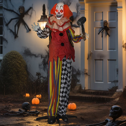 This scary clown decoration is standing outside a house at night, with spooky Halloween props around