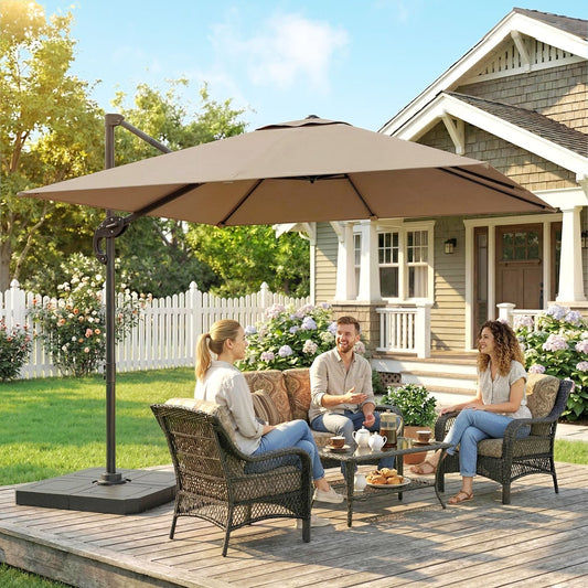 The offset outdoor umbrella providing shade for a garden seating area with three people relaxing