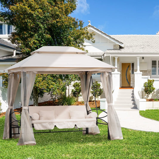 The beige gazebo swing chair bed in a garden setting next to a house