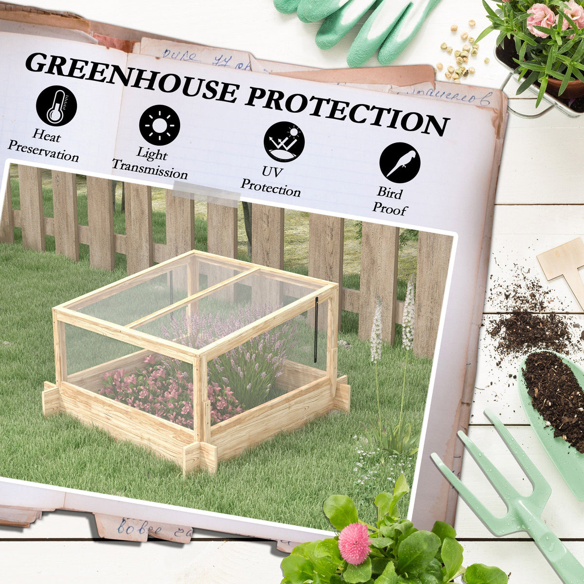 The wooden planter box with icons showing greenhouse protection features
