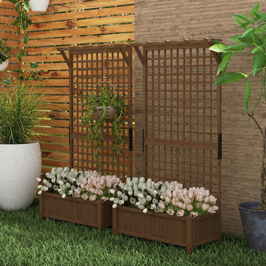 Two wooden planters with trellises, one filled with pink flowers and the other with green plants