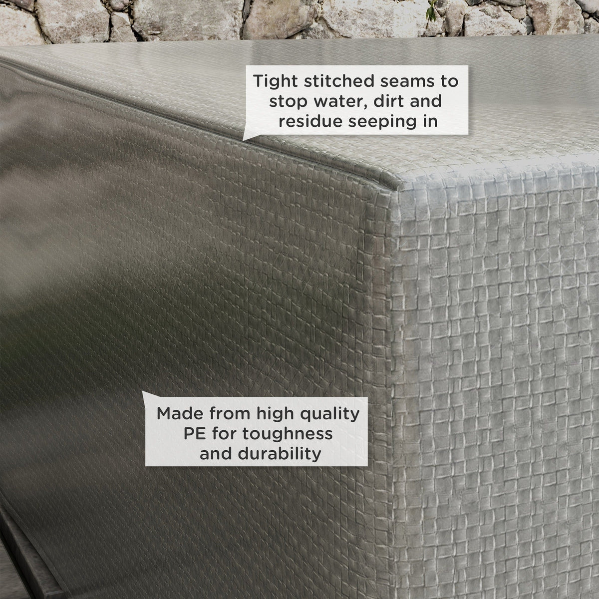 A close-up of the protective cover showing the textured surface and tight stitched seams