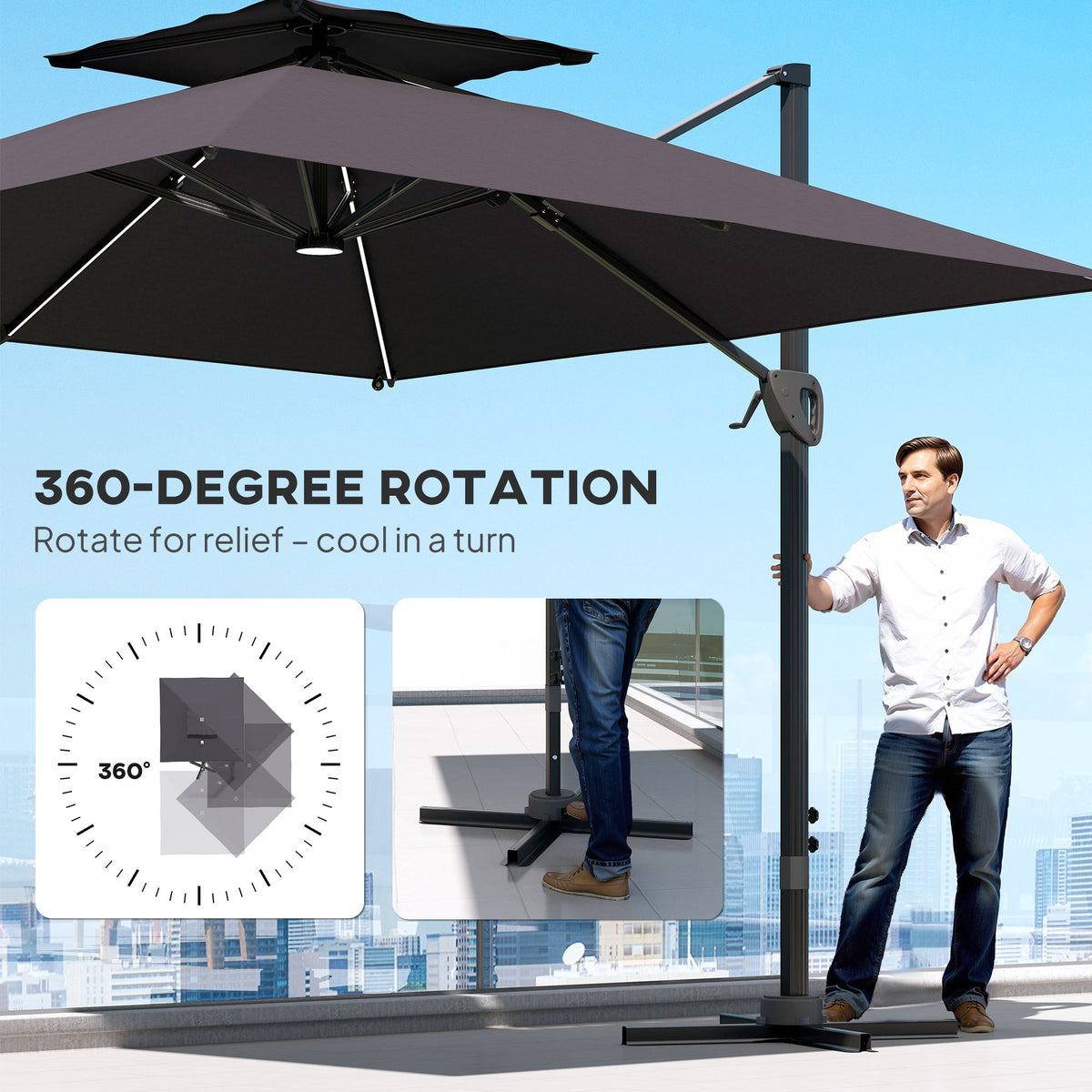 The garden parasol being rotated by a man using the foot pedal on the base