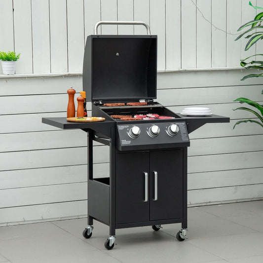 The three burner gas barbecue grill being used outdoors with the lid open and food cooking on the grates