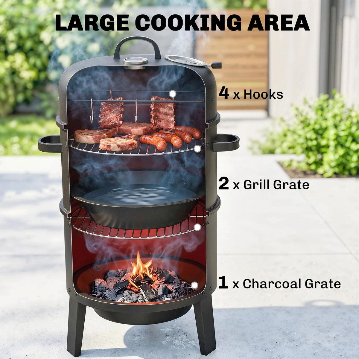 Inside the vertical smoker showing charcoal grate, grill grates, water pan and hooks