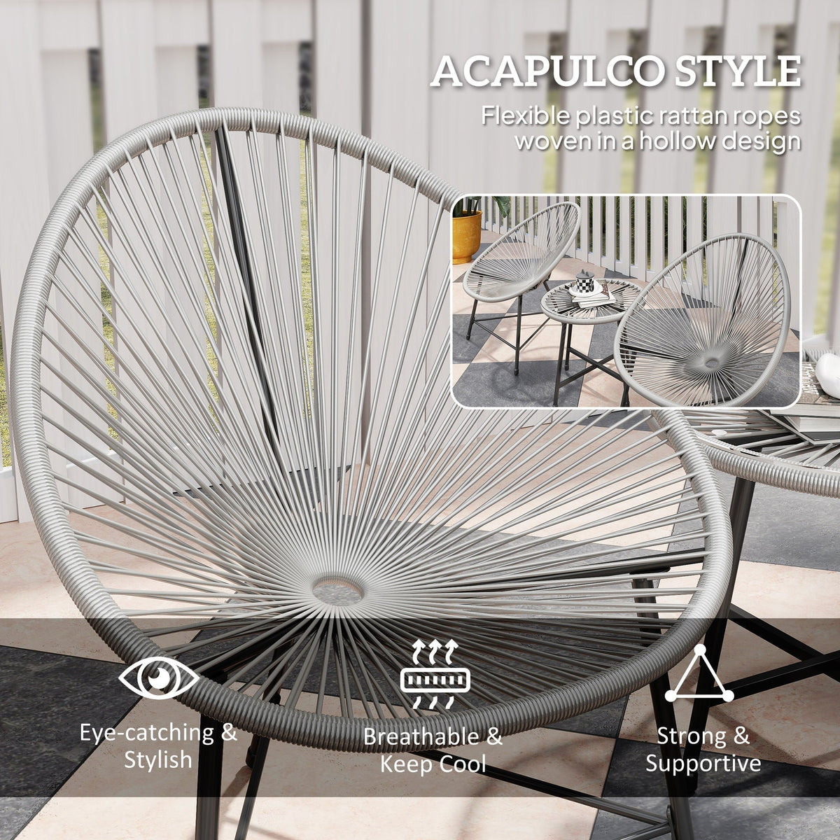 Close up of a grey rattan chair with text overlays