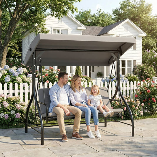 A family of three relaxing on the garden swing seat bed on a patio