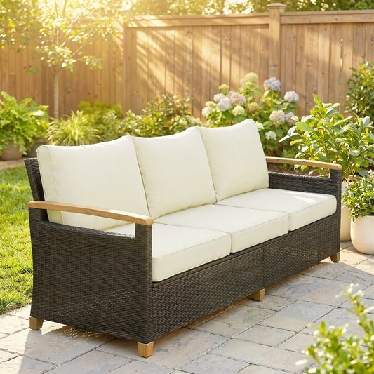 The rattan garden sofa placed on a patio in a sunny garden setting with green plants and fencing