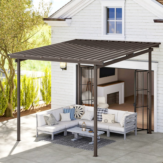 The lean to gazebo installed against a house wall over a patio seating area