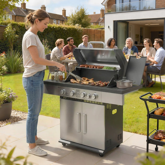 A woman grilling sausages and kebabs on the gas barbecue grill at an outdoor party