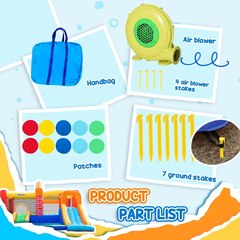 Parts included with the inflatable bouncy castle: carry bag, blower, stakes and patches