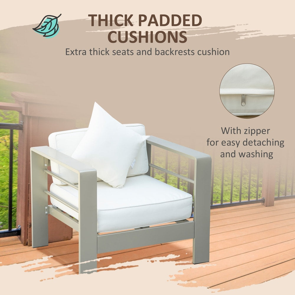 Close up of a chair from the garden furniture set showing the thick padded cushion with a zip