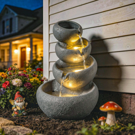 The garden fountain glowing with warm LED lights in a flower bed next to a house wall at night
