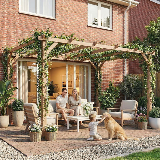 A family relaxing under a garden gazebo with climbing plants and outdoor furniture