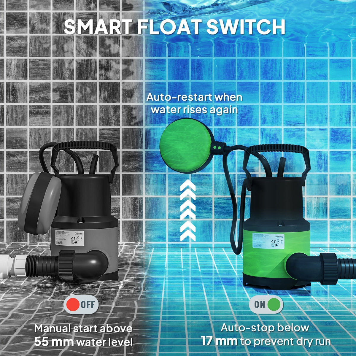 The submersible water pump showing how the float switch triggers the automatic on and off function