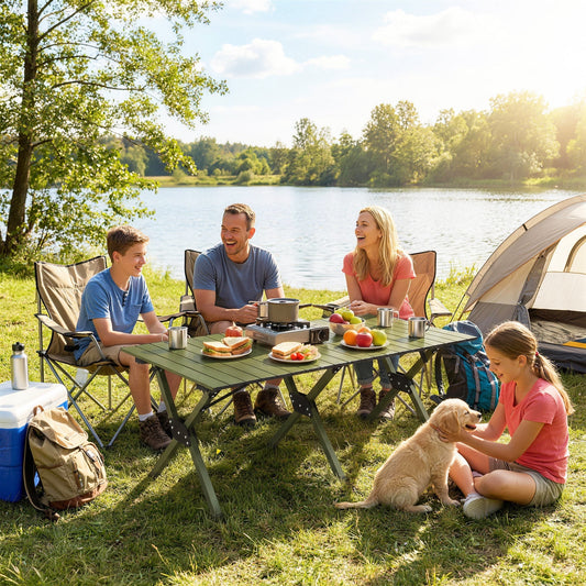 A family enjoying a picnic by a lake with the green camping table set up