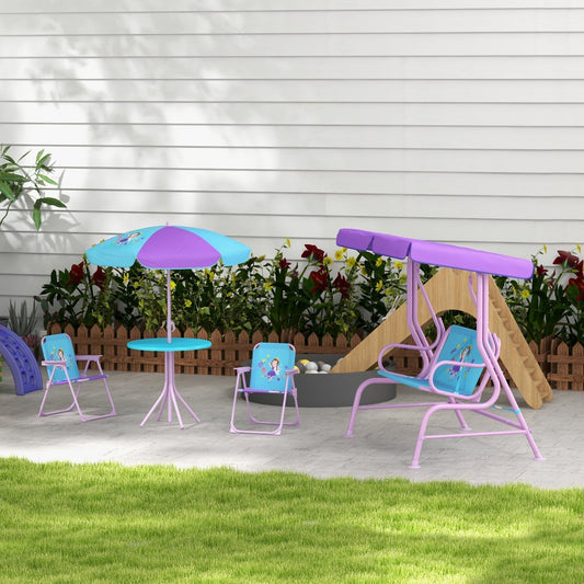 The kids garden furniture set arranged on a patio with a lawn and fence behind