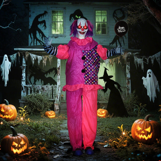 The scary clown standing in a spooky garden at night with pumpkins and ghost decorations