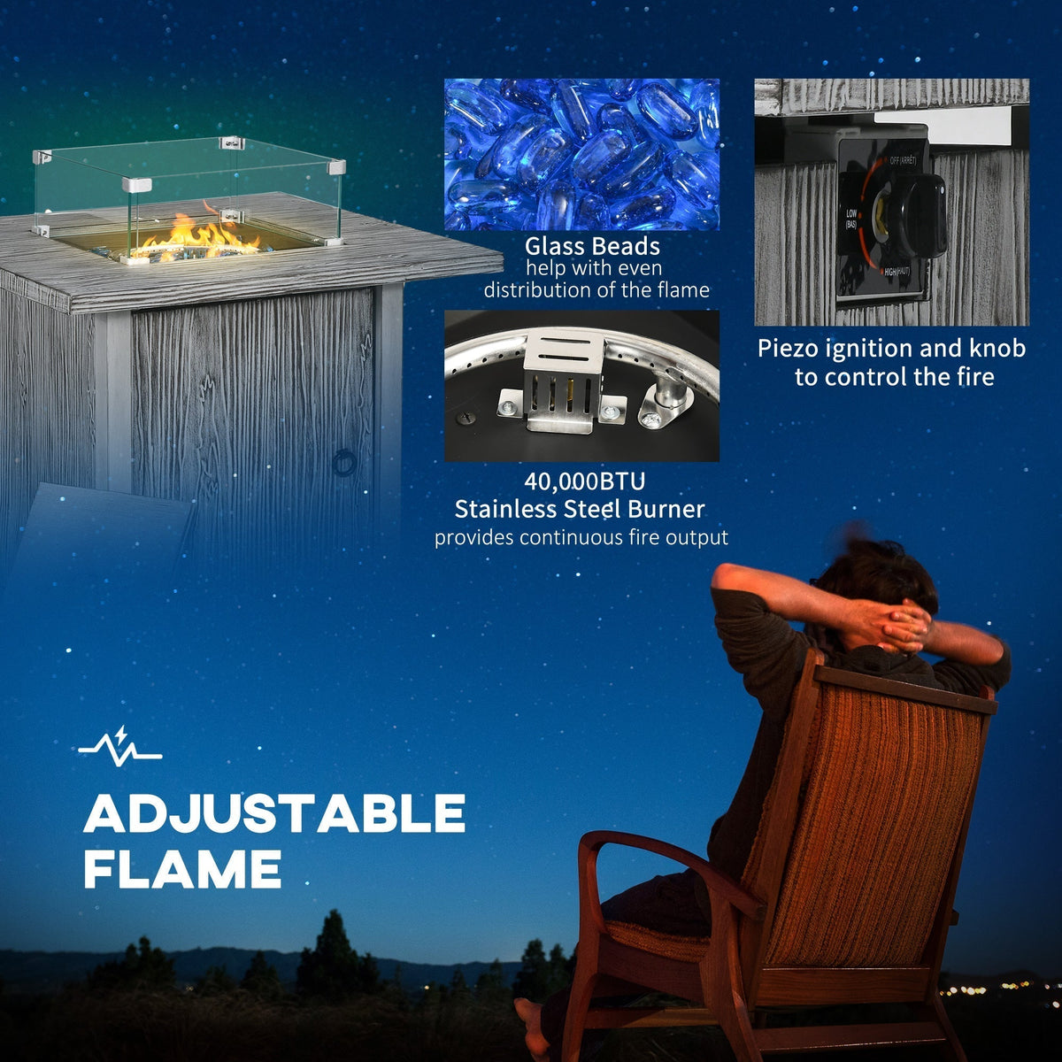 The gas fire pit table with close-ups of the glass beads and the ignition knob
