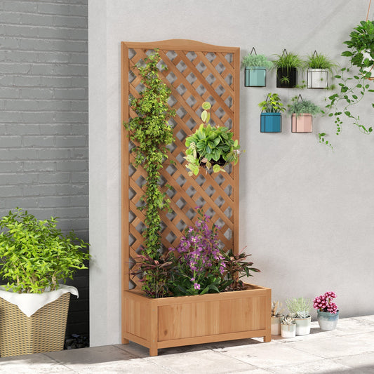The wooden planter box with trellis is shown in a garden setting with plants