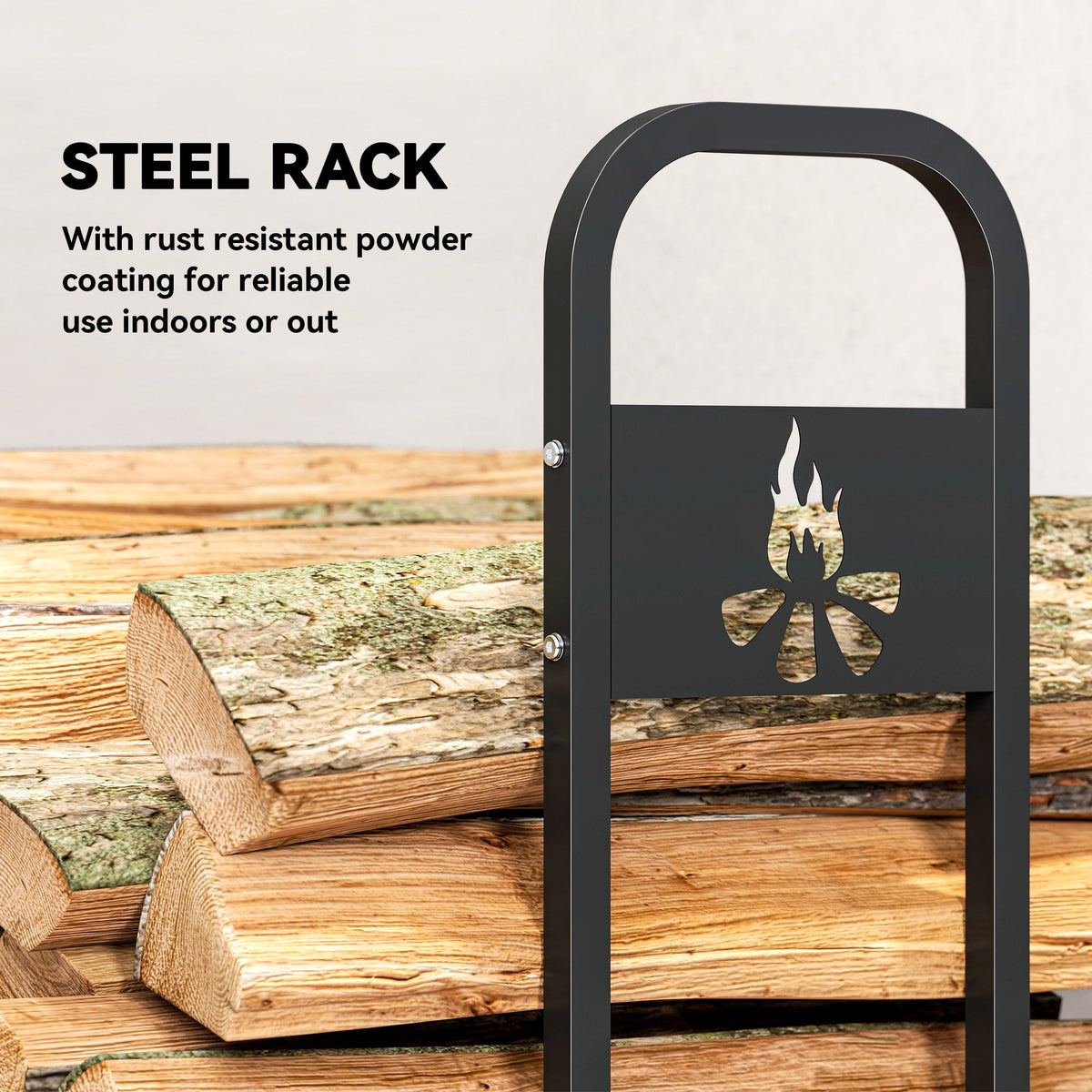 Close up of the steel log rack showing the bonfire pattern and texture