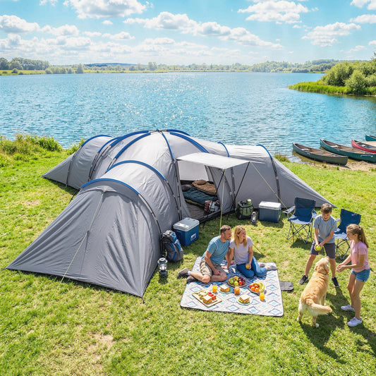 A large tunnel tent set up by a lake with people relaxing on a blanket and a dog playing